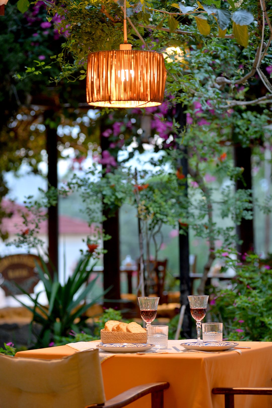 Outdoor dining area with tables and chairs
