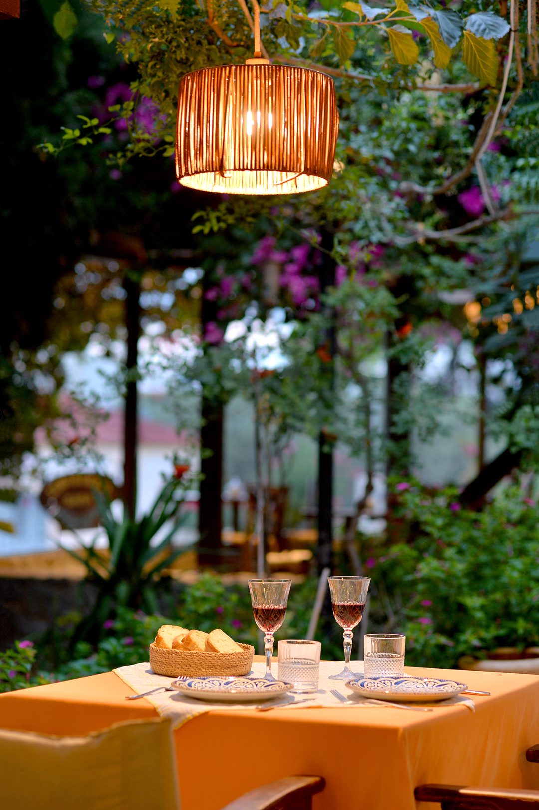 Outdoor dining area with tables and chairs